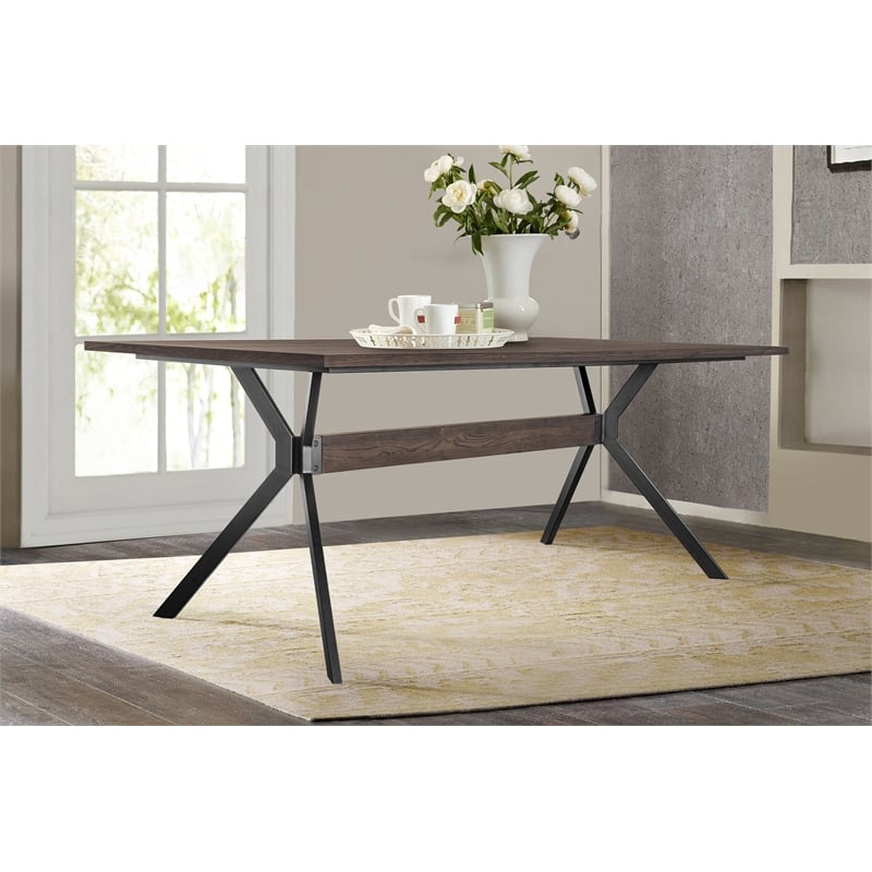 Maklaine Rustic Oak Wood Trestle Base Dining Table In Dark Brown