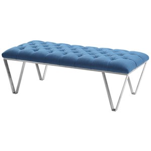 Maklaine 18&quot Modern Tufted Fabric Living Room Bench in Blue/Brushed Silver