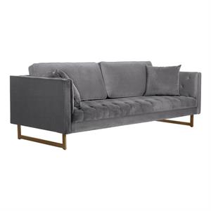 Maklaine Modern Velvet/Metal/Wood Sofa in Gray/Antique Brass