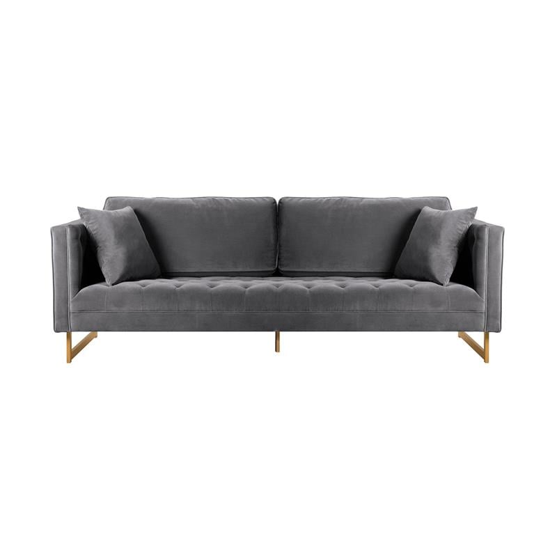 Maklaine Modern Velvet/Metal/Wood Sofa in Gray/Antique Brass