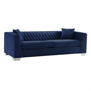 Maklaine Contemporary Sofa in Brushed Stainless Steel and Blue Velvet