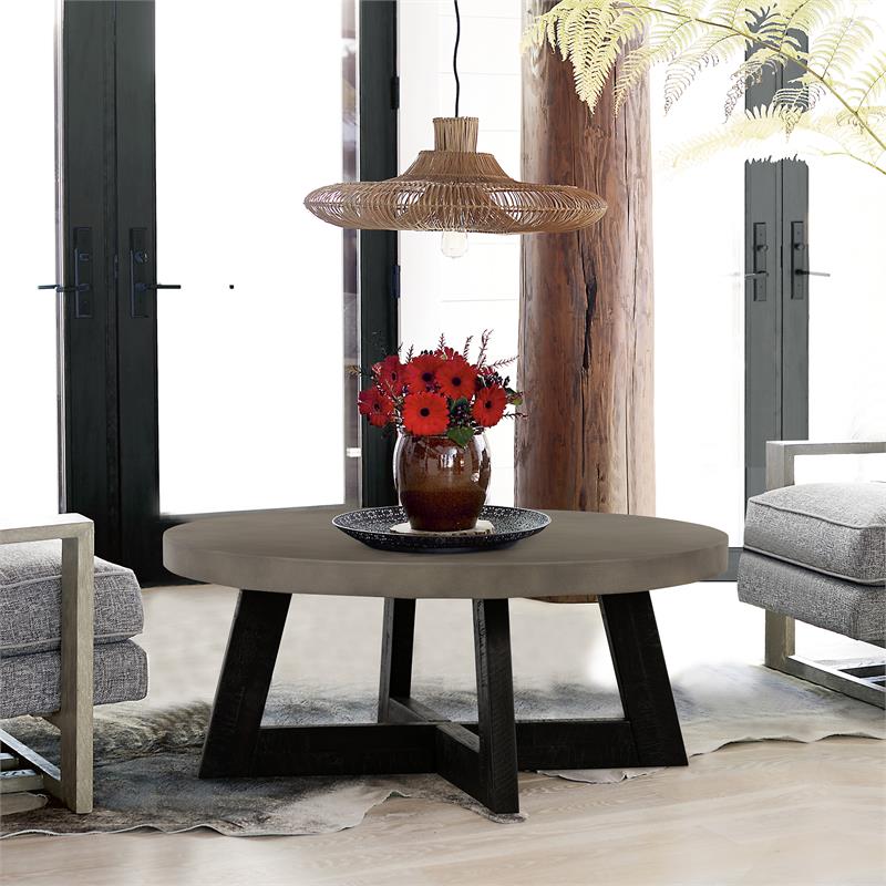 Maklaine Modern / Contemporary Concrete and Acacia Round Coffee Table