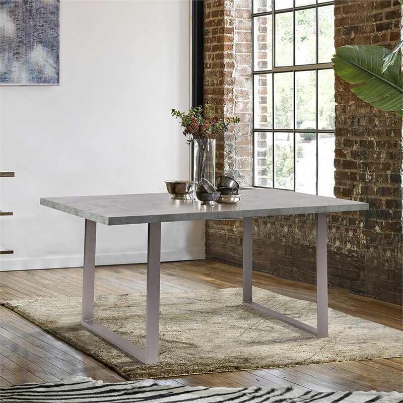 Maklaine Modern Wood Dining Table w/ Stainless Steel Frame in Cement Gray/Silver
