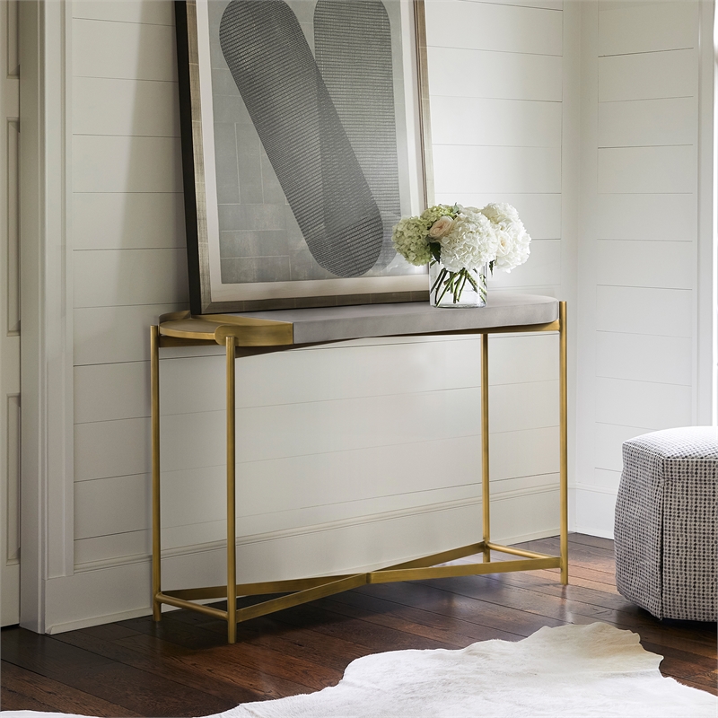Maklaine Modern Metal/Concrete Console Table in Antique Brass/Gray