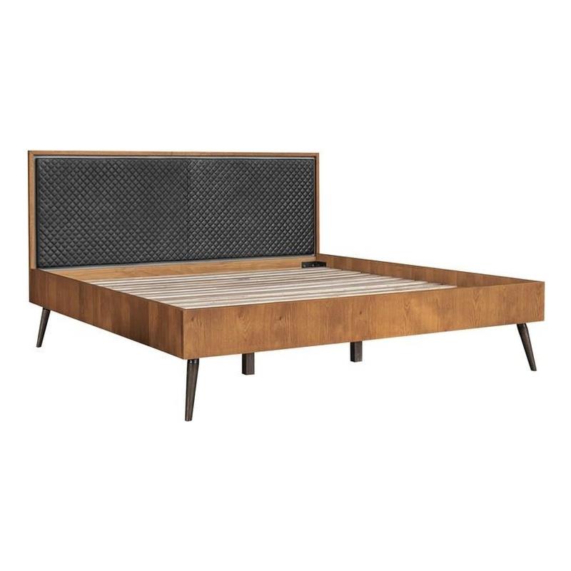 Maklaine Rustic Oak Wood Upholstered Faux Leather King Platform Bed