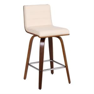 Maklaine 26&quot Faux Leather Swivel Barstool in Beige and Walnut Wood
