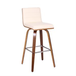 Maklaine 30&quot Faux Leather Swivel Barstool in Beige and Walnut Wood