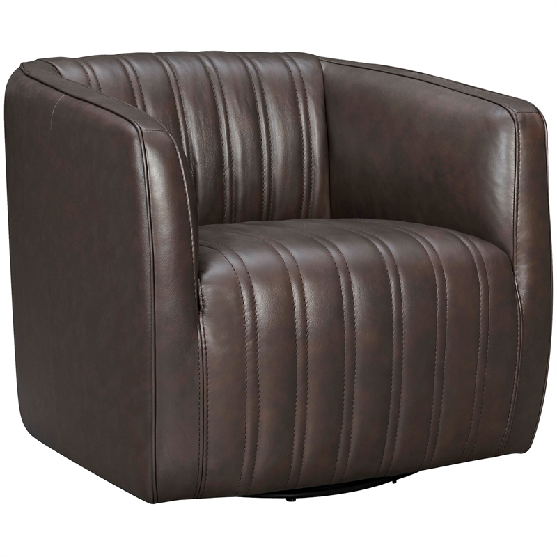 Maklaine Modern / Contemporary Leather Swivel Barrel Chair in Espresso