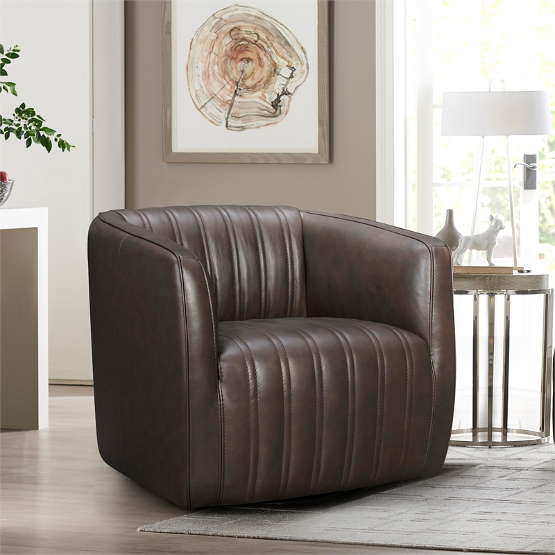 Maklaine Modern / Contemporary Leather Swivel Barrel Chair in Espresso