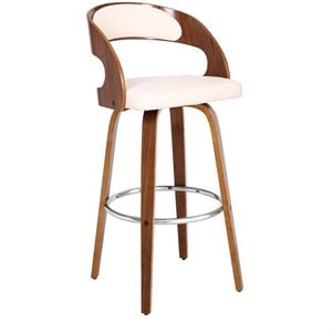 Maklaine 30&quot Faux Leather Swivel Barstool In Cream and Walnut Wood