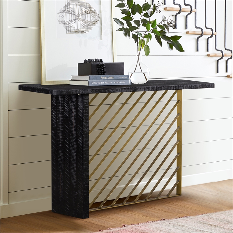 Maklaine Modern Acacia Wood/Metal Console Table in Black/Antique Brass