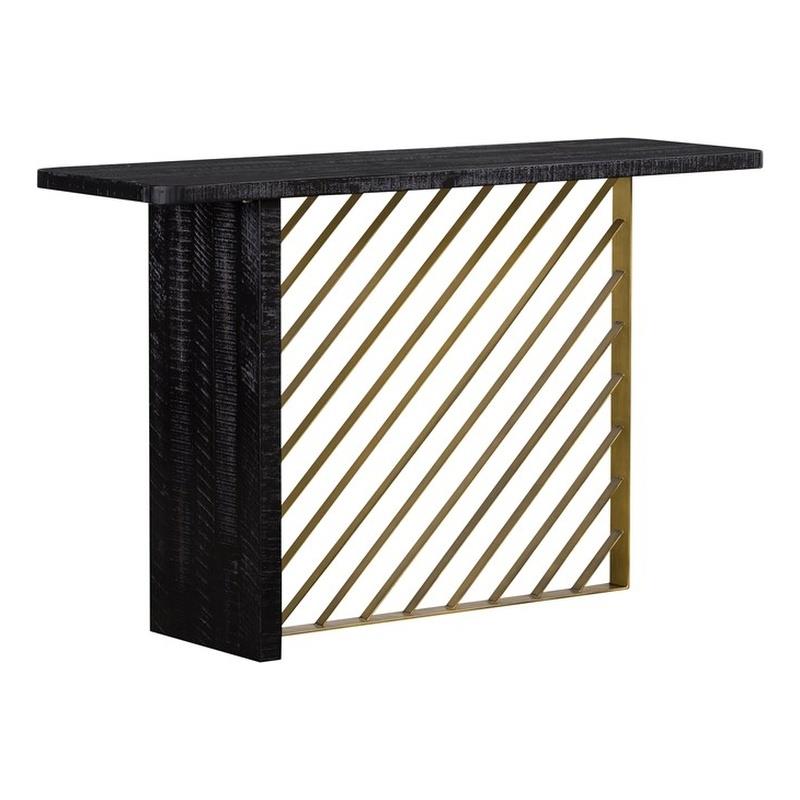 Maklaine Modern Acacia Wood/Metal Console Table in Black/Antique Brass