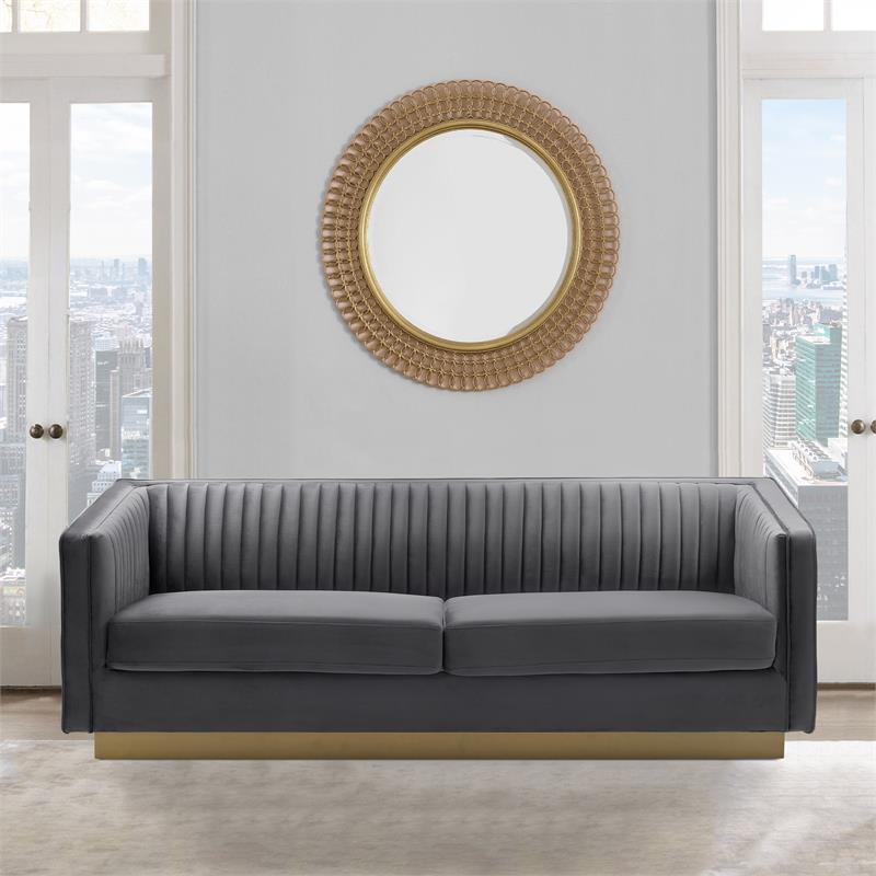 Maklaine Modern Velvet/Metal/Wood Tufted Sofa in Dark Gray/Gold