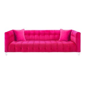 Maklaine 29.35&quotH Transitional Velvet Upholstered/Acrylic Sofa in Pink