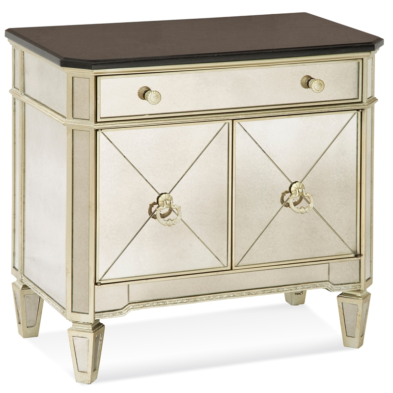 Maklaine Small Accent Chest in Champagne Mirror Glass with Granite Top