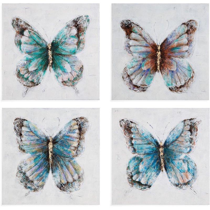 Maklaine Metallic Butterflies Canvas Wall Art in Blue (Set of 4)