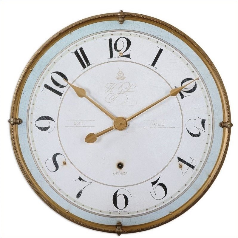 Maklaine Metal Wall Clock with Around Inner Edge in Antique Gold/Pale Blue