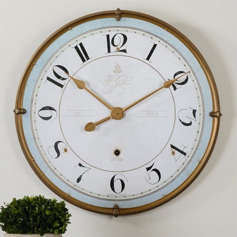 Maklaine Metal Wall Clock with Around Inner Edge in Antique Gold/Pale Blue