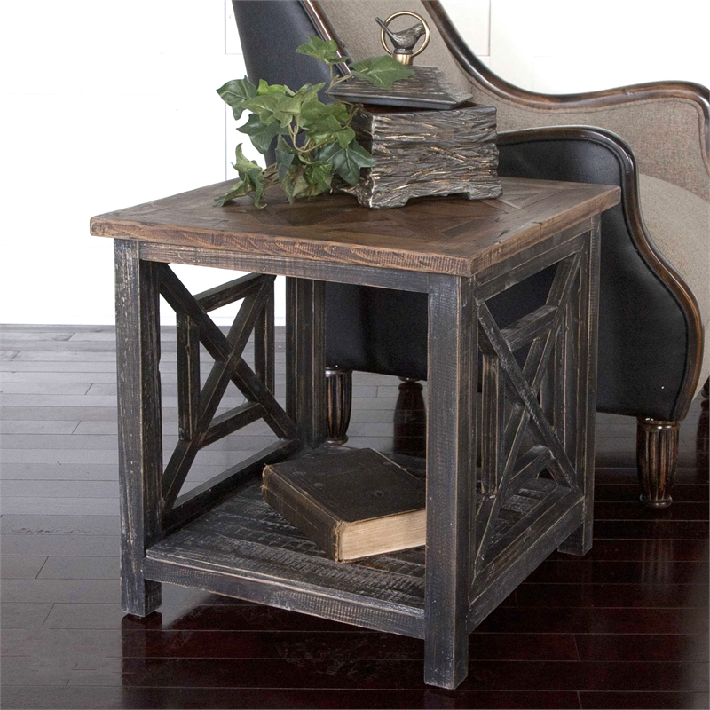 Maklaine Engineered Wood End Table in Brushed Black and Light Gray Glaze