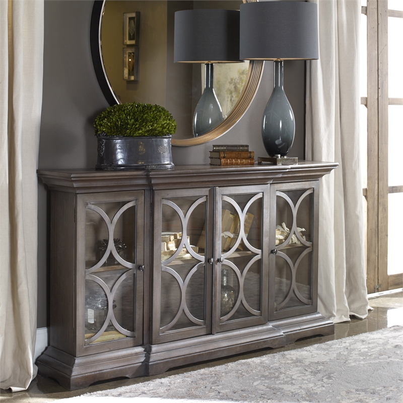 Maklaine 4-Door Mango Wood & Glass Chest in Metallic Silver/Walnut/Clear