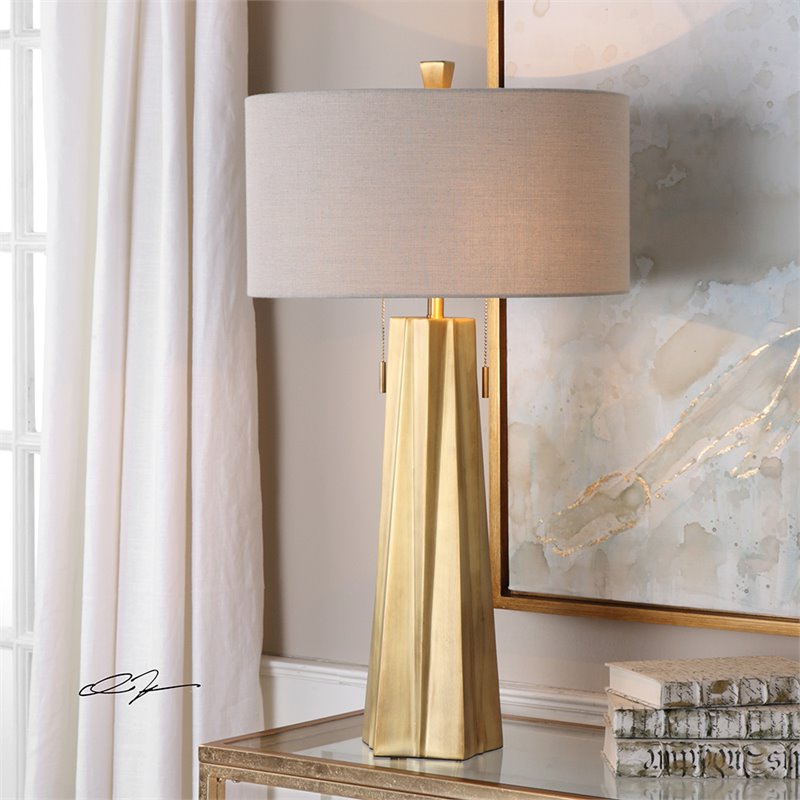 Maklaine Stainless Steel & Fabric Table Lamp in Antiqued Brass/Light Beige