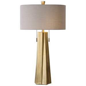 Maklaine Stainless Steel & Fabric Table Lamp in Antiqued Brass/Light Beige