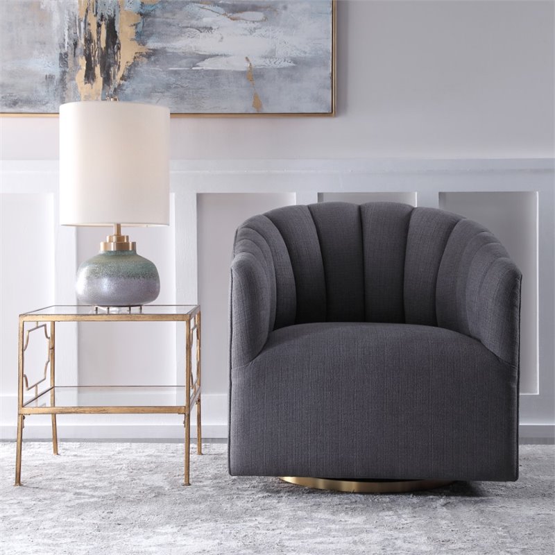 Maklaine Swivel Stainless Steel & Fabric Chair in Brushed Brass/Charcoal Gray