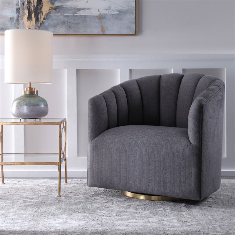 Maklaine Swivel Stainless Steel & Fabric Chair in Brushed Brass/Charcoal Gray