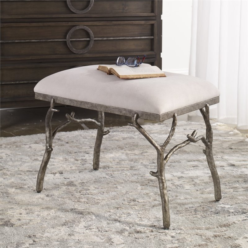 Maklaine Metal & Fabric Small Bench in Antique Silver and Off White