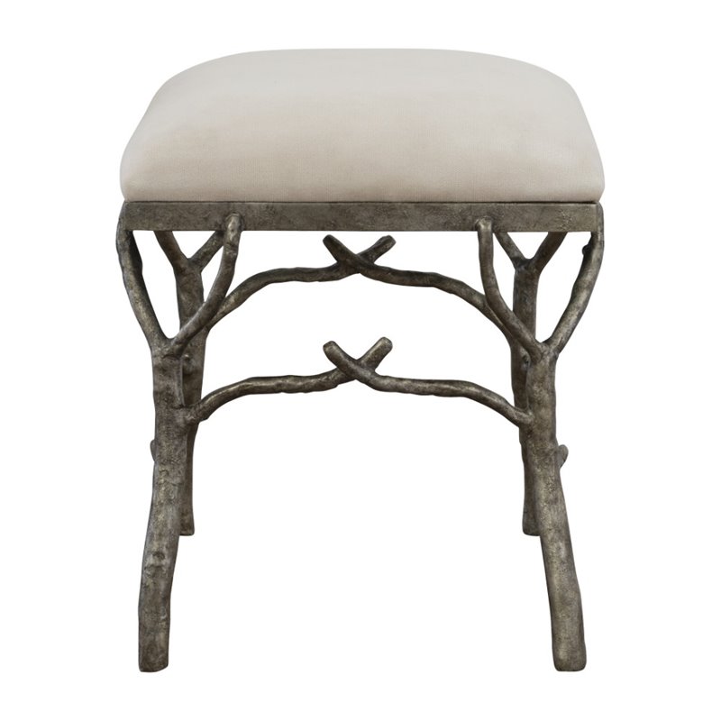 Maklaine Metal & Fabric Small Bench in Antique Silver and Off White