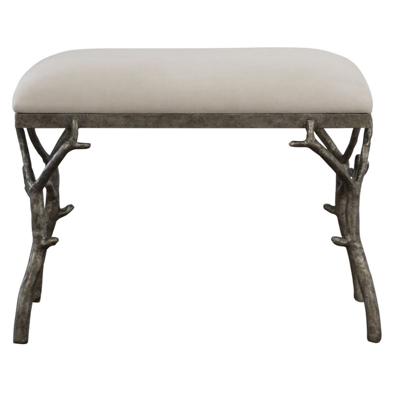 Maklaine Metal & Fabric Small Bench in Antique Silver and Off White
