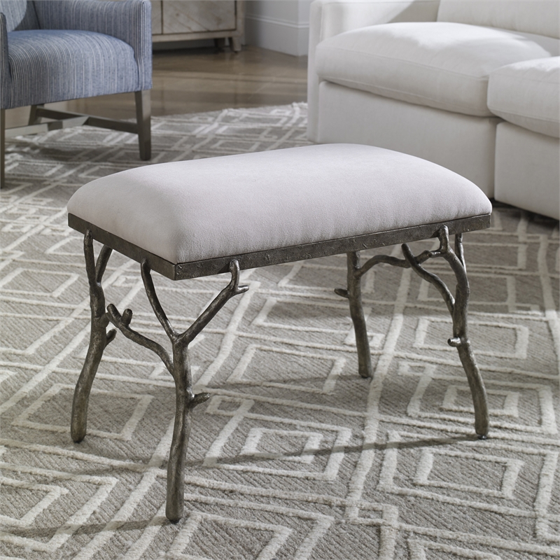 Maklaine Metal & Fabric Small Bench in Antique Silver and Off White