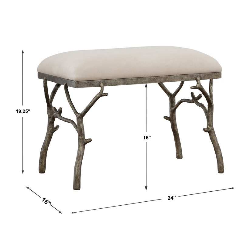 Maklaine Metal & Fabric Small Bench in Antique Silver and Off White