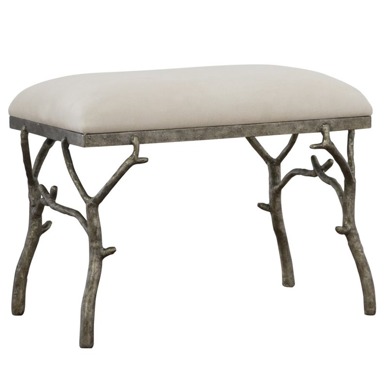 Maklaine Metal & Fabric Small Bench in Antique Silver and Off White