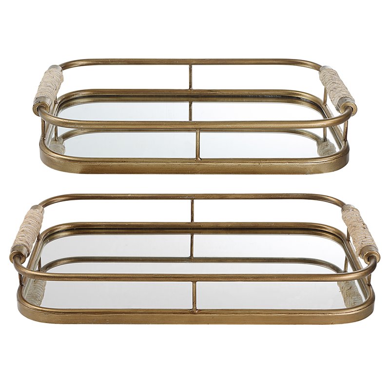 Maklaine Coastal Metal & Rope Trays in Brushed Gold and Natural (Set of 2)