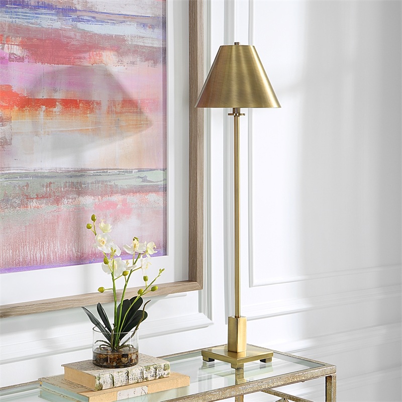 Maklaine Metal Buffet Lamp with Shade in Brushed Brass and Gold