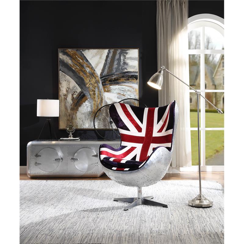 Maklaine Accent Chair with England Flag Pattern Fabric in Aluminum