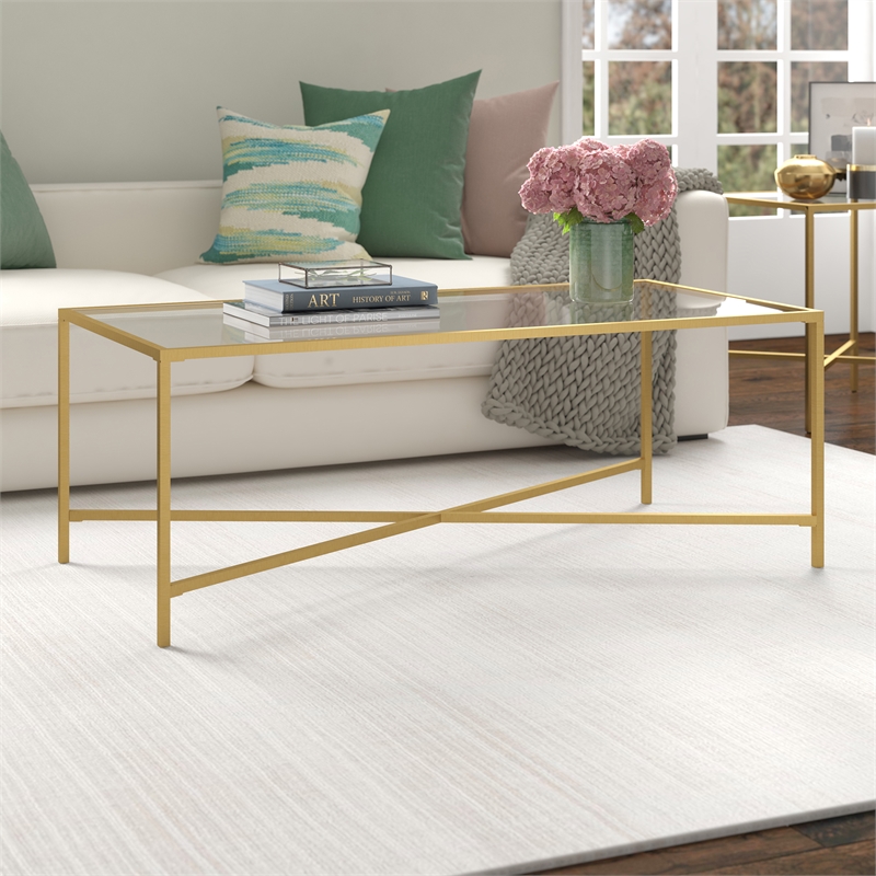 Maklaine Brass Modern Espresso Finish Coffee Table with Glass Top