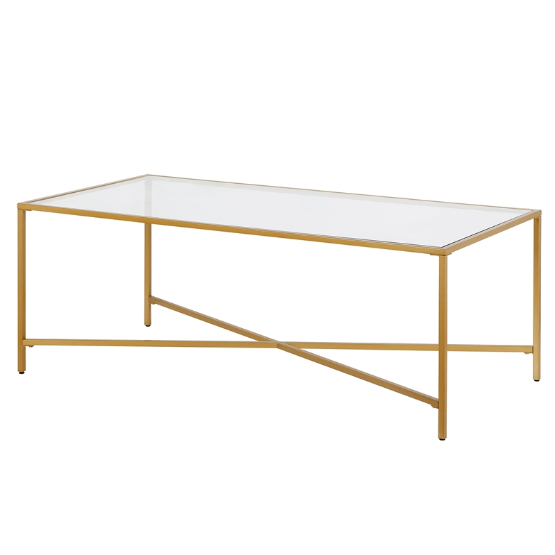 Maklaine Brass Modern Espresso Finish Coffee Table with Glass Top