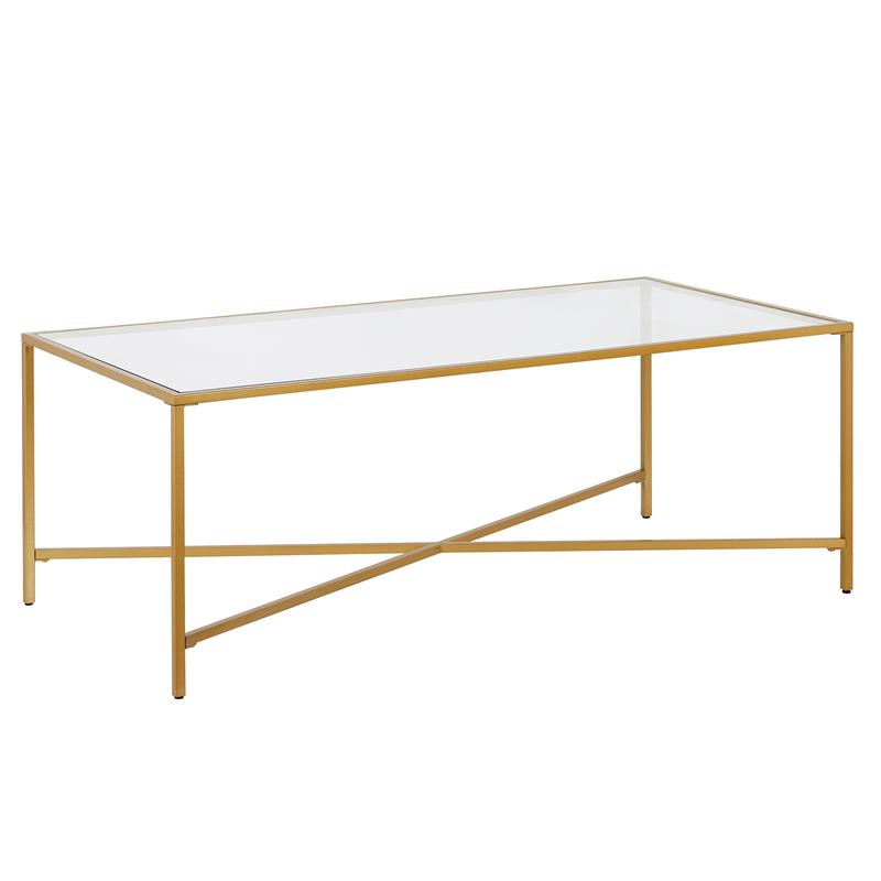 Maklaine Brass Modern Espresso Finish Coffee Table with Glass Top