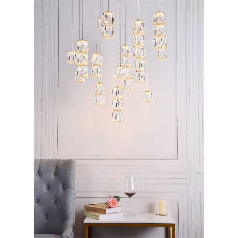 Maklaine Modern 16 Light Royal Cut Crystal LED Pendant in Gold Finish