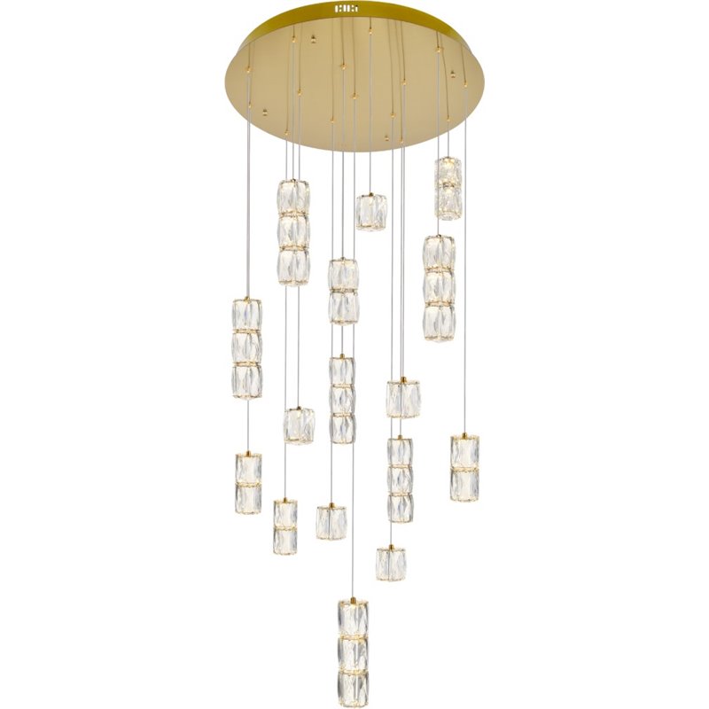 Maklaine Modern 16 Light Royal Cut Crystal LED Pendant in Gold Finish
