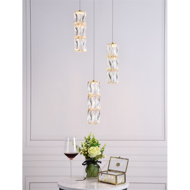 Maklaine Modern 3 Light Royal Cut Crystal LED Pendant in Gold Finish