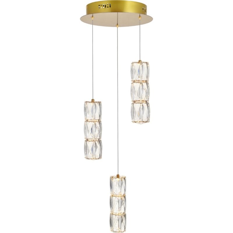 Maklaine Modern 3 Light Royal Cut Crystal LED Pendant in Gold Finish