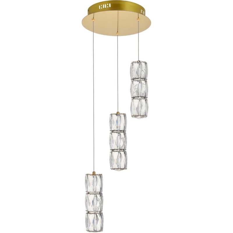 Maklaine Modern 3 Light Royal Cut Crystal LED Pendant in Gold Finish