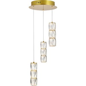 Maklaine Modern 3 Light Royal Cut Crystal LED Pendant in Gold Finish