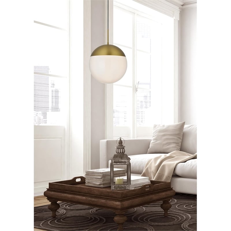 Maklaine Modern 1-Light Metal Pendant in Brass and Frosted White Finish