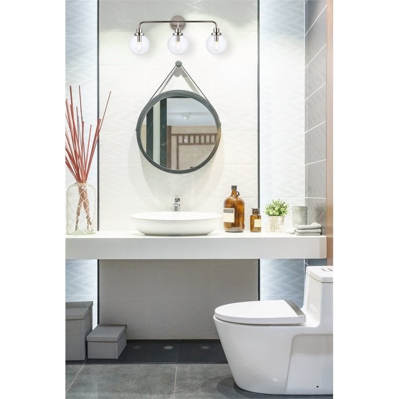 Maklaine Modern 3-Light Metal Bath Sconce in Polished Nickel and Clear
