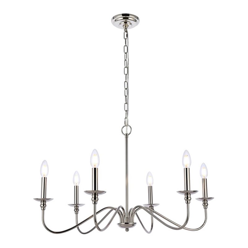 Maklaine Modern 6-Light Transitional Metal Chandelier in Polished Nickel