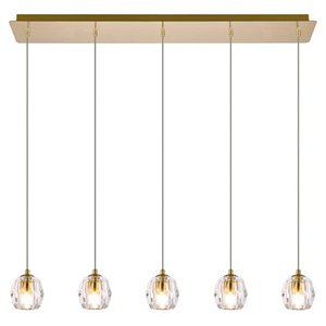 Maklaine Modern 5-Light Stainless Steel and Crystal Glass Pendant in Gold